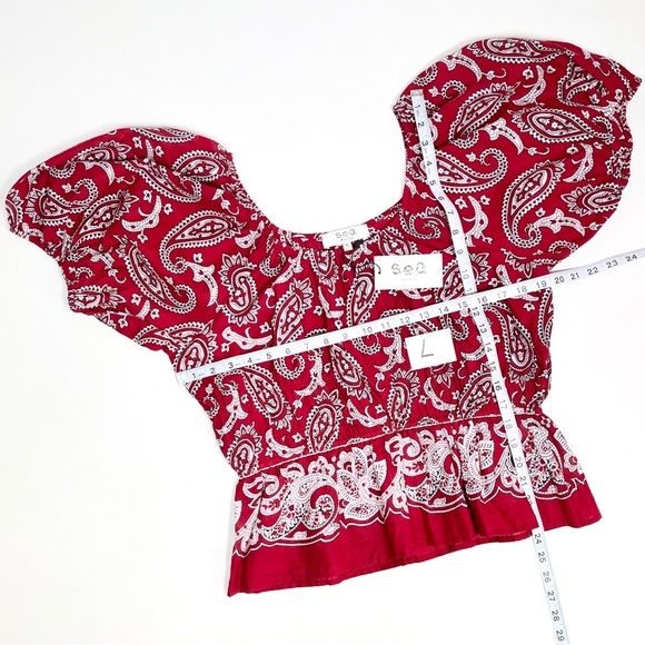 NEW! SEA New York BLOCK PRINT SHIRRED SWEETHEART puff sleeve top XXS and L - Picture 6 of 8